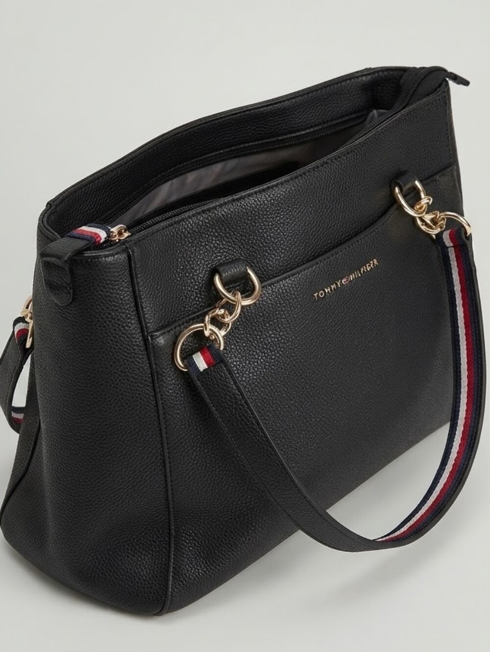 Tommy Hilfiger Black Pebble Faux Leather Shoulder Bag with Gold Chain & Signatur